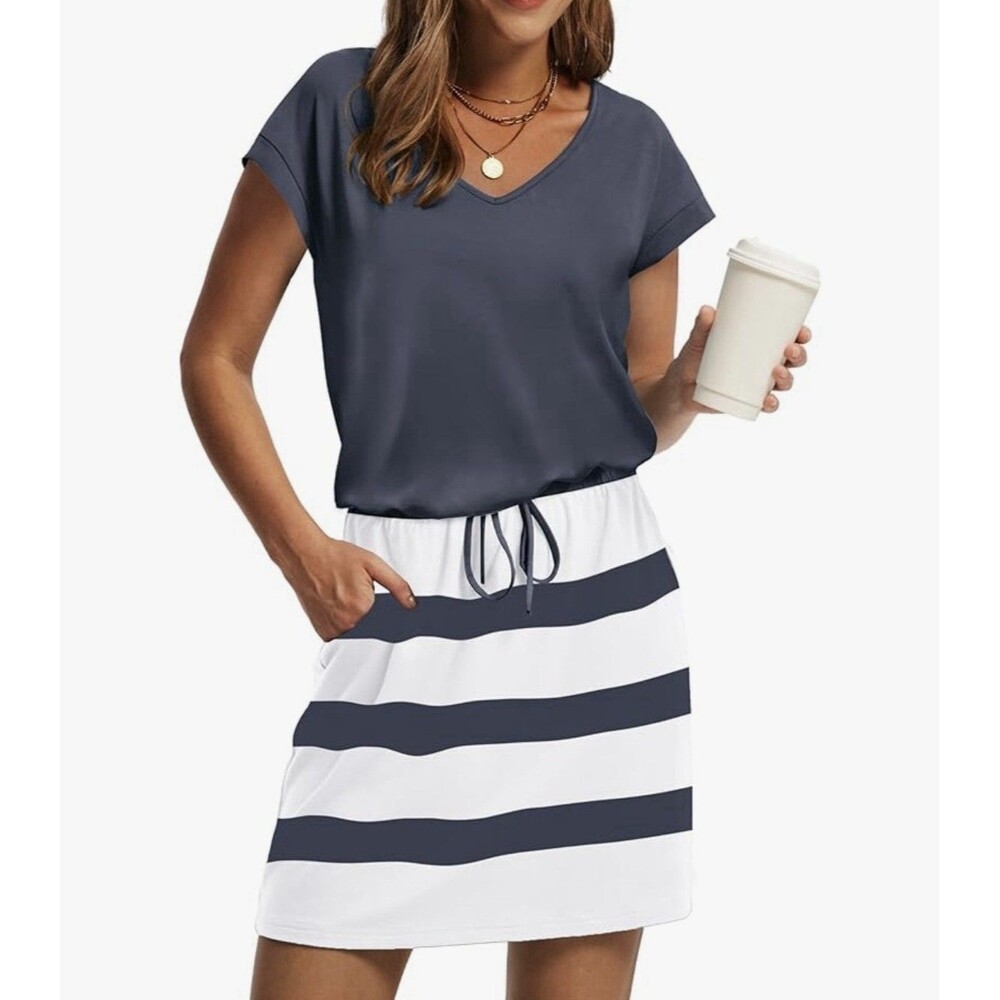 OFEEFAN Women Medium V Neck T Shirt Dress Tie Waist Pockets Blue White NWT